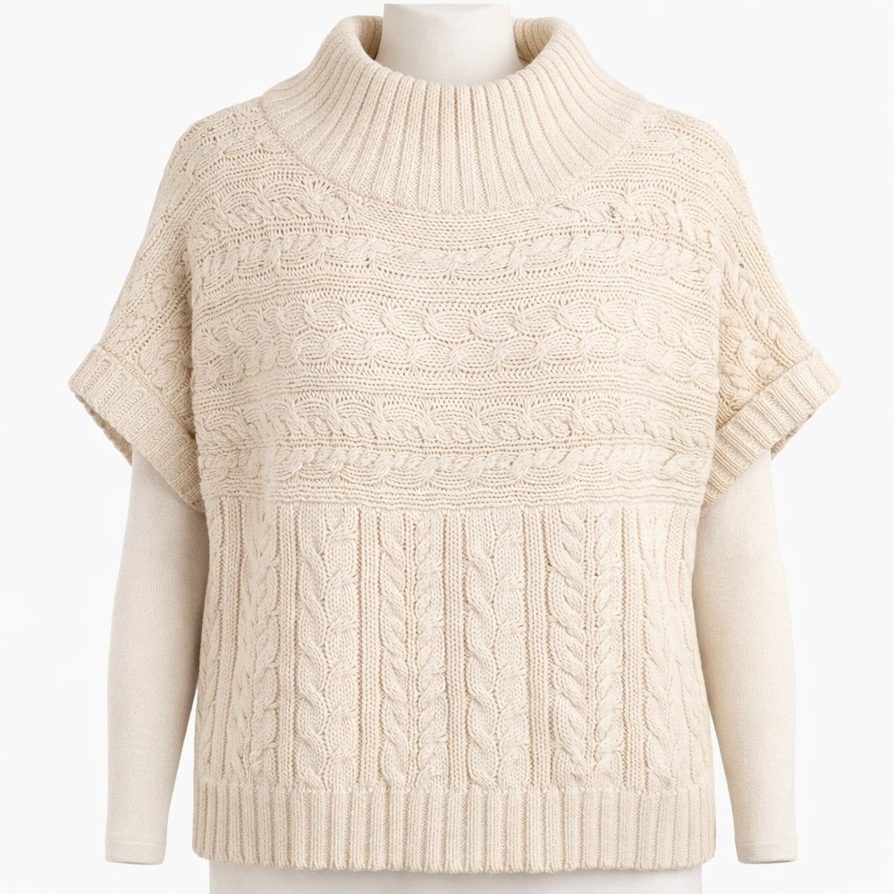 Express Chunky Cable Knit Cowl Neck‎ Sweater Cream Sz L Short Sleeve Cottagecore